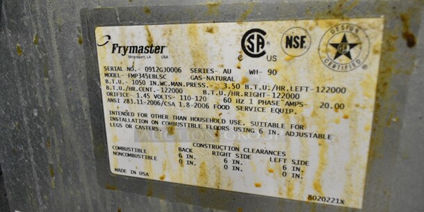 Frymaster FMP345EBLSC Stainless Steel Commercial Natural Gas Powered 3 Bay Deep Fat Fryer w/ Right Side Dumping Station on Commercial Casters. 122,000 BTU.  - Image 11 of 12