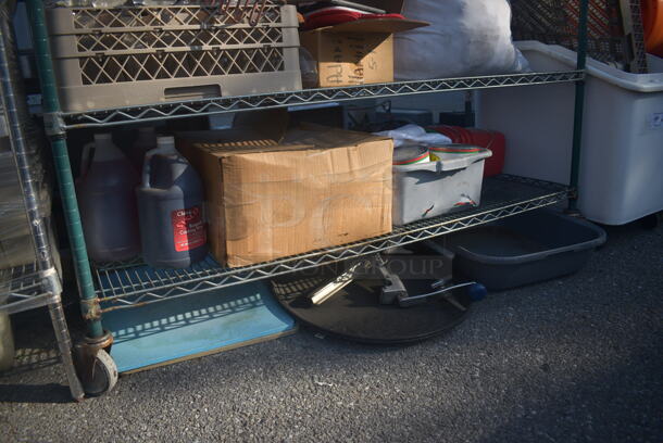 ALL ONE MONEY! Lot of Items Including Open Utility Shelf With Metro Style Shelving On Commercial Casters, Dish Caddies, Glasses, Cooking Wine, Cutting Boards, Receipt Paper, Red Buckets With Steel Handles, AND MORE! BUYER MUST DISMANTLE. PCI CANNOT DISMANTLE FOR SHIPPING. PLEASE CONSIDER FREIGHT CHARGES. - Image 4 of 11