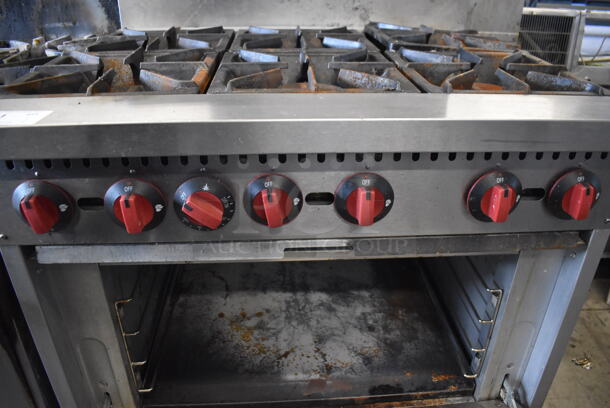 Atena Stainless Steel Commercial Natural Gas Powered 6 Burner Range w/ Oven, Over Shelf and Back Splash on Commercial Casters.  - Image 5 of 6