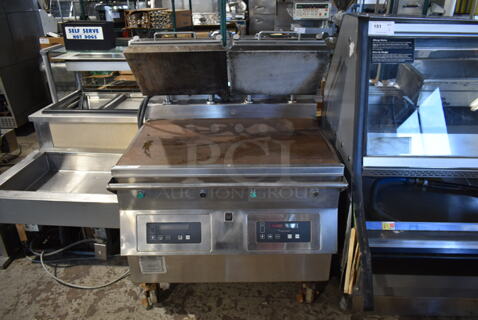 Garland Stainless Steel Commercial Floor Style Electric Powered  Flat Top Griddle Burger Cooker w/ Clamshell Express Panini Top on Commercial Casters. 250 Volts, 3 Phase.