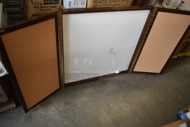 BRAND NEW SCRATCH AND DENT! Aarco WP-36 36" x 36" Enclosed Walnut Laminate White Markerboard / Cork Bulletin Planning Board - Image 3 of 6