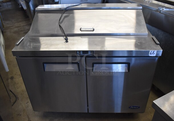 2017 Atosa MSF8302GR Stainless Steel Commercial Sandwich Salad Prep Table Bain Marie Mega Top on Commercial Casters. 115 Volts, 1 Phase. Tested and Powers On But Does Not Get Cold