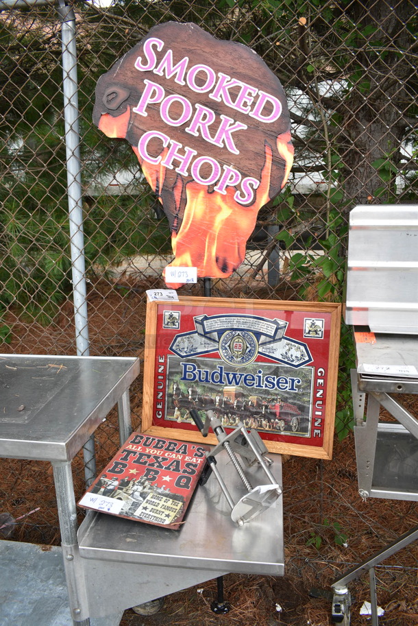 4 Items; Smoked Pork Chops Sign, Budweiser Sign, Bubba's Sign and Metal Tuna Can Press Piece. 4 Times Your Bid! - Image 1 of 8