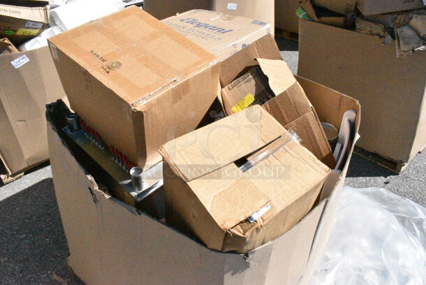 23 BRAND NEW Boxes Including 395RP09 EcoChoice Compostable Sugarcane / Bagasse 9" Plate - 500/Case, Libbey 817CD Heavy Base 15 oz. Cooler Glass - 36/Case, 500CC24 Choice Clear PET Customizable Plastic Cold Cup - 24 oz. - 600/Case, Regency 600IB1824CP 18" x 24" Underbar Ice Bin with 7 Circuit Post-Mix Cold Plate and Bottle Holders - 51 lb. 23 Times Your Bid! - Image 1 of 12