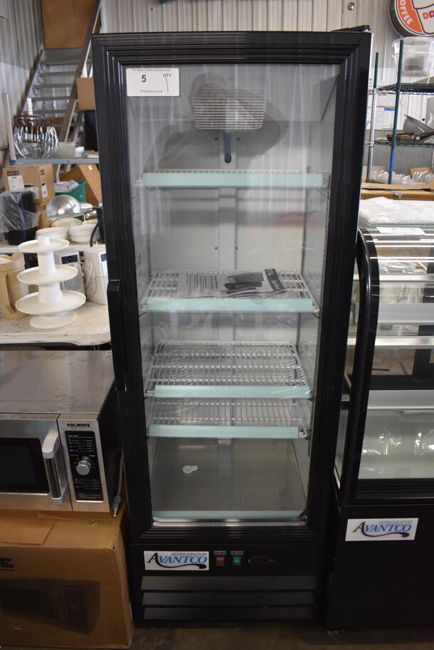 Avantco 178GDC10HCB Metal Commercial Single Door Reach In Cooler Merchandiser w/ Poly Coated Racks. 115 Volts, 1 Phase. 22x23x64. Tested and Powers On But Does Not Get Cold