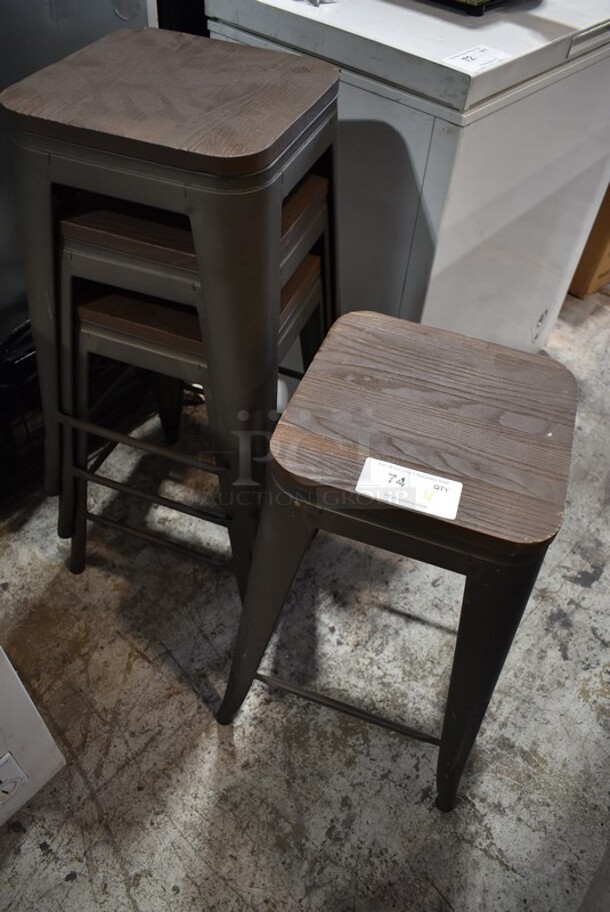 4 Metal Stools w/ Wood Pattern Seat. 4 Times Your Bid!