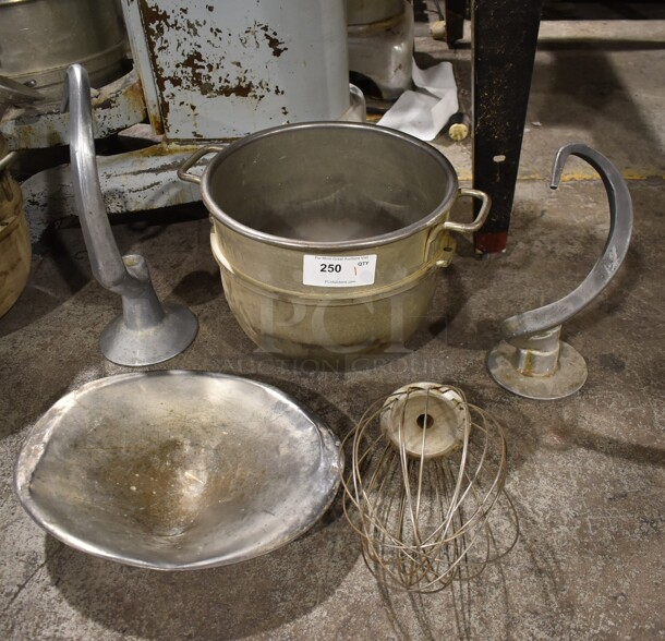 ALL ONE MONEY! Lot of DS30 Metal 30 Quart Mixing Bowl, 2 DS30ED Dough Hook Attachment and DS30D 30 Quart Whisk Attachment. - Item #1076084