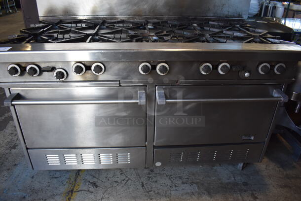 Stainless Steel Commercial Natural Gas Powered 10 Burner Range w/ 2 Ovens, Over Shelf and Back Splash on Commercial Casters. 60x33x58 - Image 5 of 7