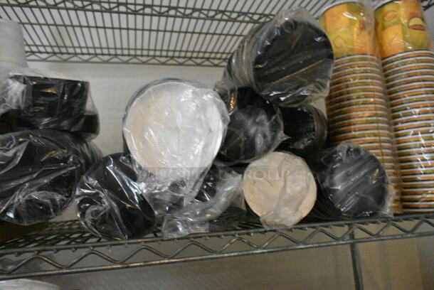 Chrome Finish 5 Tier Wire Shelving Unit w/ Contents Including Cups, Plasticware. BUYER MUST DISMANTLE. PCI CANNOT DISMANTLE FOR SHIPPING. PLEASE CONSIDER FREIGHT CHARGES. (secondary dining room) - Image 4 of 12