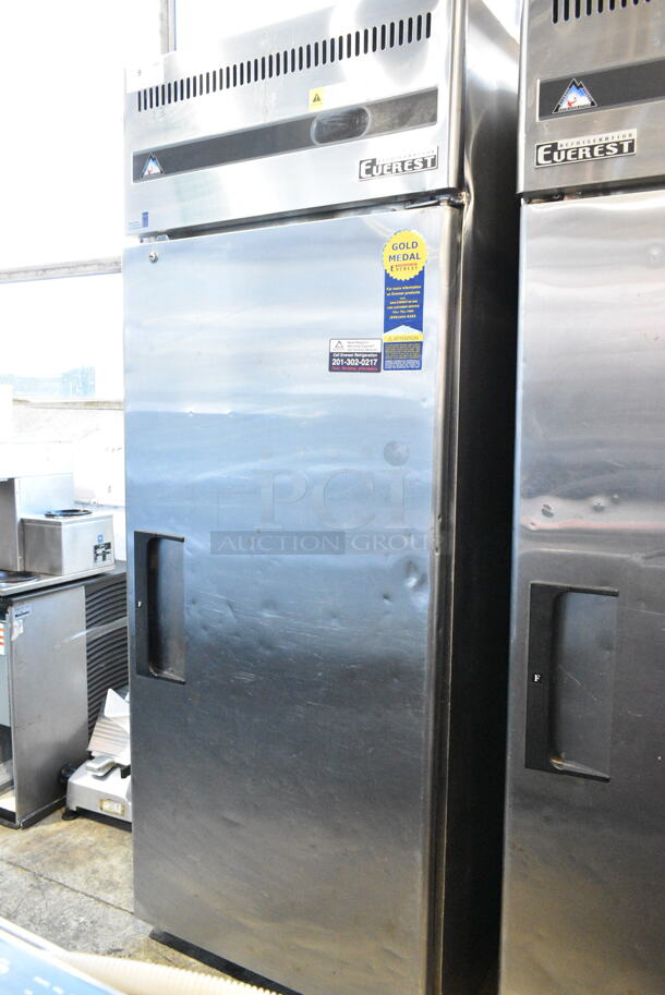 Everest ESF1 Stainless Steel Commercial Single Door Reach In Freezer. 115 Volts, 1 Phase. Tested and Powers On But Does Not Get Cold; Appears To Be Out Of Freon
 - Image 1 of 5