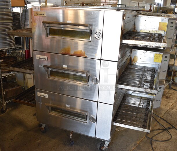 3 2012 Lincoln Model 1600-000-U-K1969 Stainless Steel Commercial Natural Gas Powered Conveyor Pizza Ovens on Commercial Casters. 110,000 BTU. 78x60x68. 3 Times Your Bid!