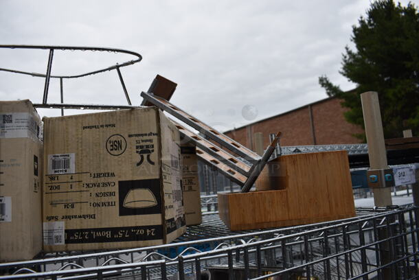 ALL ONE MONEY! Lot of Chrome Finish 3 Tier Shelving Unit on Commercial Casters w/ Liquor Cage and All Contents Including Wooden Box, Chafing Dish, Fake Plant. BUYER MUST DISMANTLE. PCI CANNOT DISMANTLE FOR SHIPPING. PLEASE CONSIDER FREIGHT CHARGES. 50x25x68 - Image 4 of 10