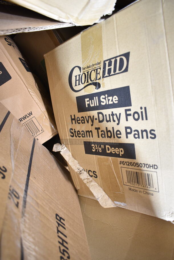 PALLET LOT of 18 BRAND NEW Boxes Including Dart 85HT1R 8" x 8" x 3" White Foam Square Take Out Container with Perforated Hinged Lid - 200/Case, 130WSPOON Choice Medium Weight White Plastic Teaspoon - 1000/Case, 5005DNAPWH Choice Touchstone White Linen-Feel 1/8 Fold Dinner Napkin - 300/Case, 8 oz Hot Cup Lids, 500MF883B1C Choice 8" x 8" 1-Compartment Microwaveable Black Mineral-Filled Plastic Hinged Take-Out Container - 150/Case, 612605070HD Choice Full Size Heavy-Duty Foil Steam Table Pan Deep 3 3/8" Depth - 50/Case. 18 Times Your Bid!  - Image 3 of 11
