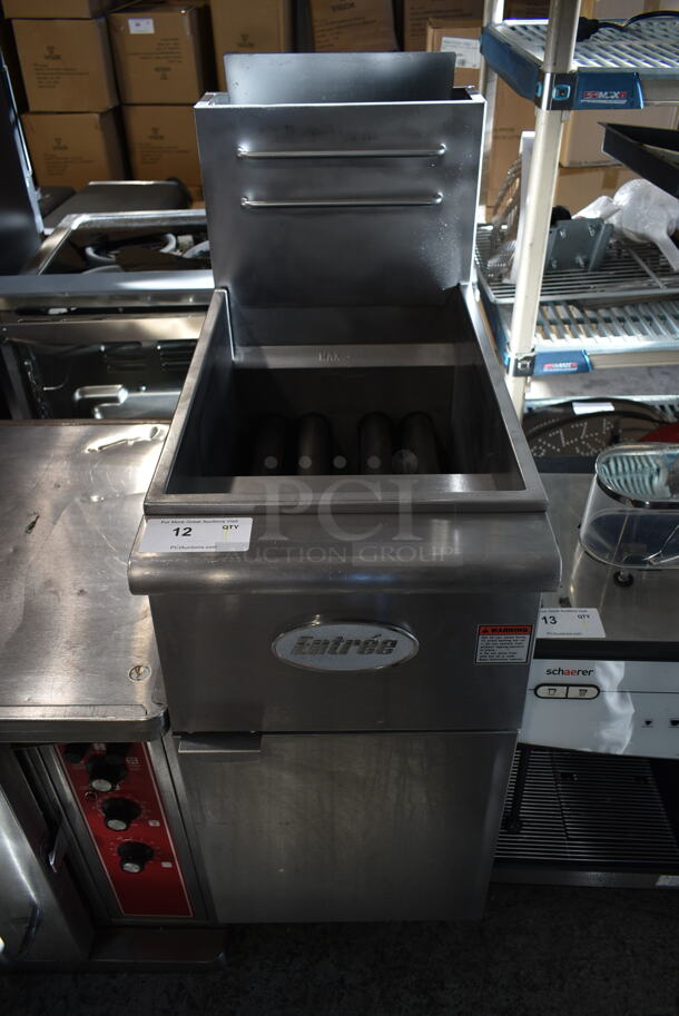 2022 Entree F4-N Stainless Steel Commercial Floor Style Natural Gas Powered Deep Fat Fryer. 120,000 BTU. 