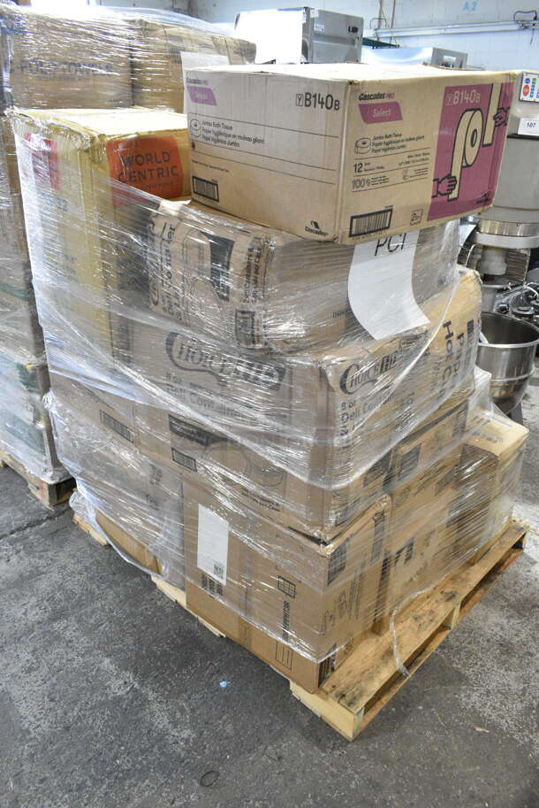 22 BRAND NEW Boxes Including 128HD8COMBO ChoiceHD 8 oz. Microwavable Translucent Plastic Deli Container and Lid Combo Pack - 240/Case, Dart 85MFPPHT3 ProPlanet 8 5/16" x 8" x 3" White Mineral-Filled 3 Compartment Hinged Lid Takeout Container, 612P558 Choice 8" Clear Round Plastic Dome Lid - 500/Case. 22 Times Your Bid!  - Image 1 of 12