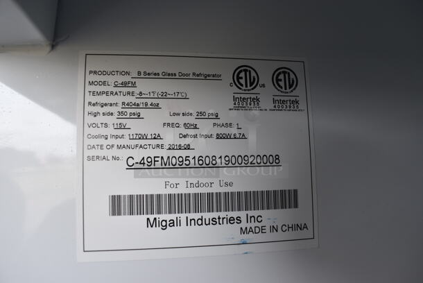 2016 Migali Model C-49FM Metal Commercial 2 Door Reach In Cooler Merchandiser w/ Poly Coated Racks on Commercial Casters. 115 Volts, 1 Phase. 52x32x81. Cannot Test Due To Cut Power Cord - Image 4 of 6