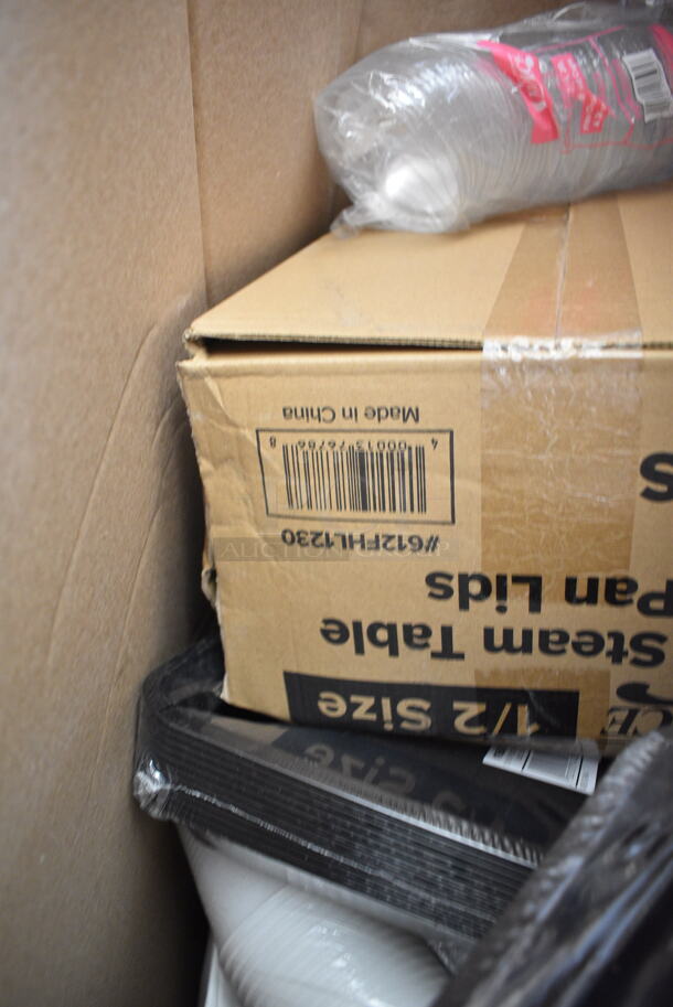 PALLET LOT of 20 BRAND NEW Boxes Including 176BSKT128BK Choice 12" x 8 1/2" x 1 1/2" Black Rectangular Plastic Fast Food Basket - 12/Pack, 612FHL1230 Choice Foil Steam Table Pan Lid - Half Size - 100/Case, 966TALLFLDN Choice Kraft Natural Tall Fold Dispenser Napkin, 427TB2230 Lancaster Table & Seating Excalibur 22" x 30" Cross Outdoor Table Base Plate, 500LDOME Choice 9 oz., 12 oz., 16 oz., 20 oz., 24 oz. Clear Dome Lid with 1" Hole - 1000/Case, 500CC9 Choice 9 oz. Clear PET Customizable Plastic Squat Cold Cup - 1000/Case, 4 Box 130WSPOON Choice Medium Weight White Plastic Teaspoon - 1000/Case, Dart 205HT1 White Foam Take Out Container with Perforated Hinged Lid 9" x 6" x 3" - 200/Case. 20 Times Your Bid! - Image 5 of 12