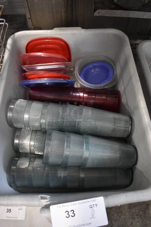 ALL ONE MONEY! Lot of Various Poly Items Including Beverage Tumblers and Lids in Gray Bus Bin! 