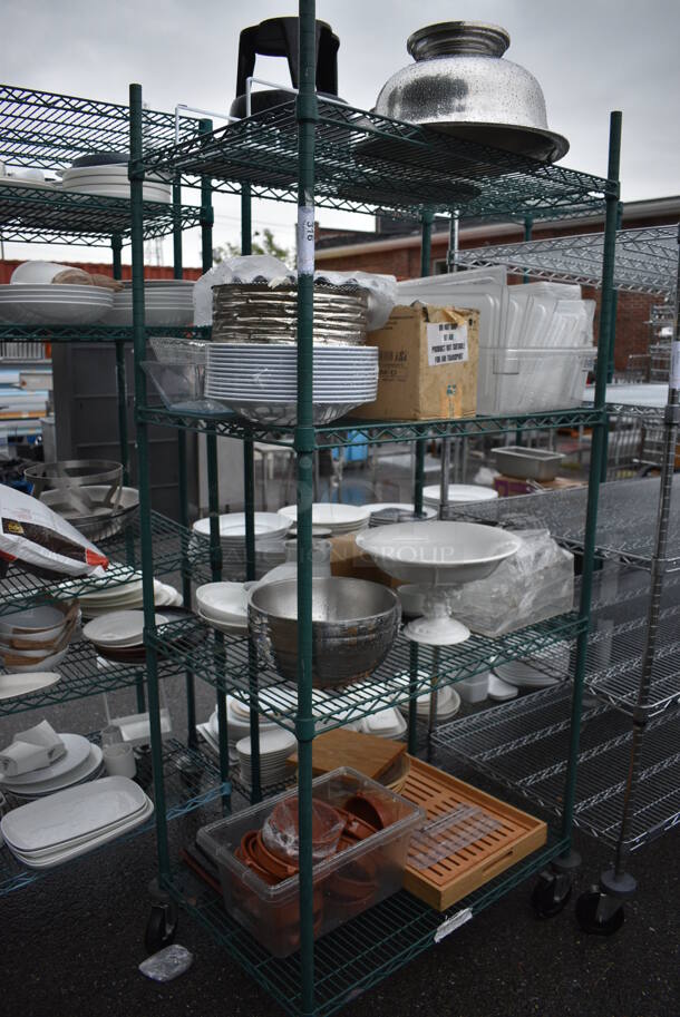 ALL ONE MONEY! Lot of Metro Green Finish 4 Tier Shelving Unit on Commercial Casters w/ All Contents Including Plates, Poly Lids. BUYER MUST DISMANTLE. PCI CANNOT DISMANTLE FOR SHIPPING. PLEASE CONSIDER FREIGHT CHARGES. 36x24x80