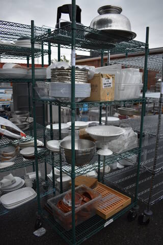 ALL ONE MONEY! Lot of Metro Green Finish 4 Tier Shelving Unit on Commercial Casters w/ All Contents Including Plates, Poly Lids. BUYER MUST DISMANTLE. PCI CANNOT DISMANTLE FOR SHIPPING. PLEASE CONSIDER FREIGHT CHARGES. 36x24x80