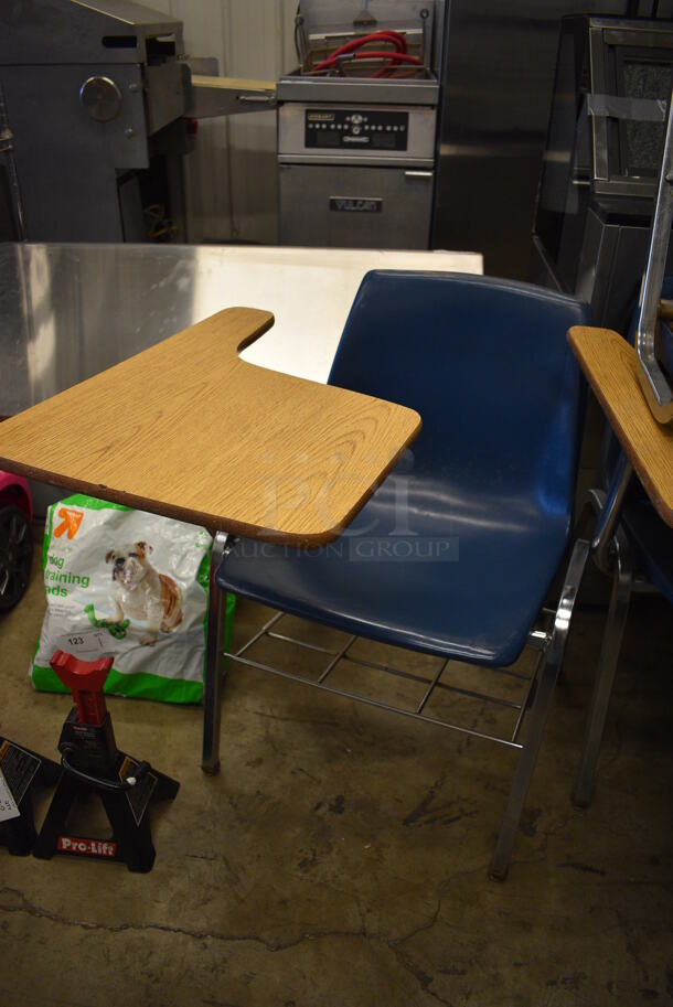 12 Blue Poly Chairs w/ Attached Wood Pattern Desktop. 25x29x28. 12 Times Your Bid! - Image 2 of 4