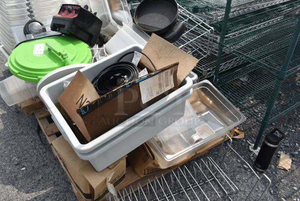ALL ONE MONEY! Pallet Lot of Plastic Drop-In Bins and Lids, Vitamix, Salad Spinner, 6-Outlet Surge Protector Power Strip, Commercial Casters, AND MORE!  - Image 4 of 6