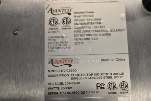 BRAND NEW SCRATCH AND DENT! 2023 Avantco 177IC3500 Stainless Steel Commercial Single Burner Induction Range. 208-240 Volts, 1 Phase. Tested and Working! - Image 4 of 5