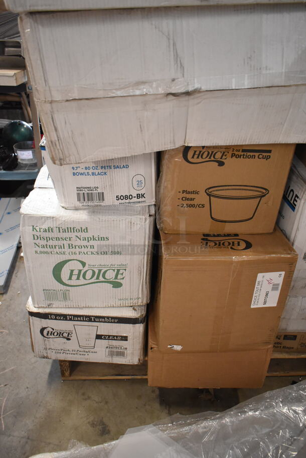 PALLET LOT of 38 BRAND NEW Boxes Including 2 Box 164CUSHWGGN Lancaster Table & Seating Spartan Series 2 1/2" Burgundy Vinyl Padded Seat for Chair and Barstool, 500COLLAR8BR EcoChoice 8 oz. Kraft Coffee Cup Sleeve / Jacket / Clutch - 1200/Case, 795PTOKFT8 Microwavable Folded Paper #8 Take-Out Container 6" x 4 5/8" x 2 1/2", 500L1020B Choice Black Paper Cup Lids, 760SOUP16WPA Choice 16 oz. White Double Poly-Coated Paper Food Cup with Vented Paper Lid - 250/Case, 2 Box 129MCR16B Choice 16 oz. Black 6 1/4" Round Microwavable Heavy Weight Container with Lid - 10/Pack, 2 Box Fineline Flairware 2312-CL 12 oz. Plastic Margarita with Clear Base - 144/Case, 5080-BK Fineline 5080-BK Super Bowl 80 oz. Black PET Plastic Bowl - 25/Case, 966TALLFLDN Choice Kraft Natural Tall-Fold 6" x 13" Dispenser Napkin - 8000/Case, 347TCL10 Choice 10 oz. Clear Disposable Plastic Tumbler - 500/Case. 38 Times Your Bid! - Image 8 of 8