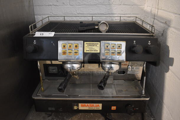 Brasilia Model Portofino DEL2 Stainless Steel Commercial Countertop 2 Group Espresso Machine w/ 3 Portafilters and 2 Steam Wands. 230 Volts. 27x21x24