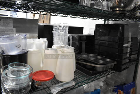 ALL ONE MONEY! Tier Lot of Various Items Including Poly Syrup Pourers, Metal Muffin Baking Pan, Poly Drop In Bins, Glass Container, Poly Pitchers