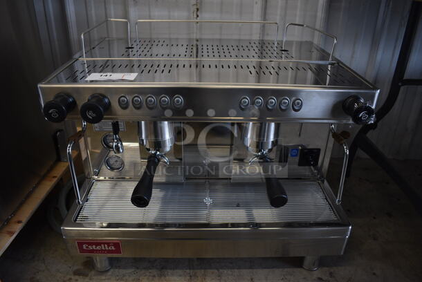 BRAND NEW! Estella Caffe ECEM2 Stainless Steel Commercial Countertop Two Group Automatic Espresso Machine w/ 2 Portafilters and 2 Steam Wands. 220-240 Volts, 1 Phase. 28x22x24. Tested and Working!