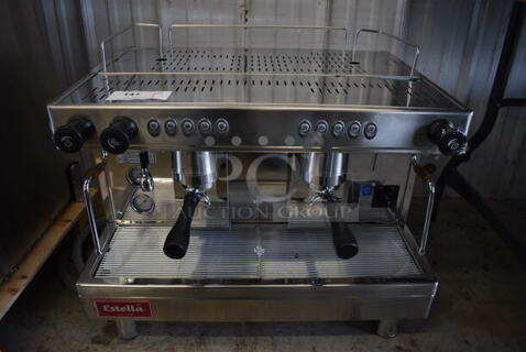 BRAND NEW! Estella Caffe ECEM2 Stainless Steel Commercial Countertop Two Group Automatic Espresso Machine w/ 2 Portafilters and 2 Steam Wands. 220-240 Volts, 1 Phase. 28x22x24. Tested and Working!