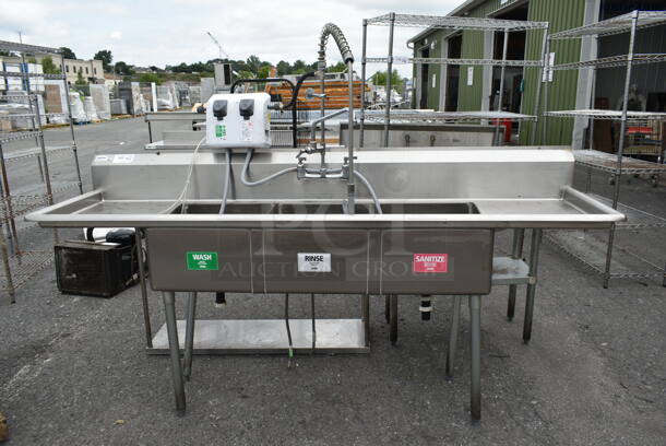 Stainless Steel Commercial 3 Bay Sink w/ Dual Drain Boards, Faucet, Handles and Spray Nozzle Attachment. Bays 18x18. Drain Boards 16.5x19.5 - Image 1 of 9