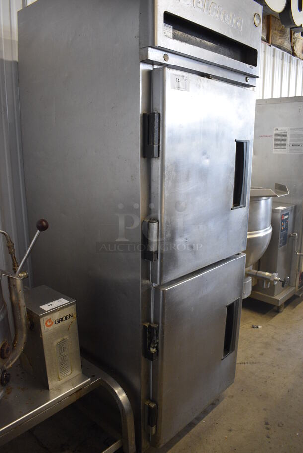 Delfield Model MFR1-SH Stainless Steel Commercial 2 Half Size Door Reach In Freezer w/ Poly Coated Racks on Commercial Casters. 115 Volts, 1 Phase. 29x34x79. Tested and Powers On But Temps at 45 Degrees - Image 3 of 6