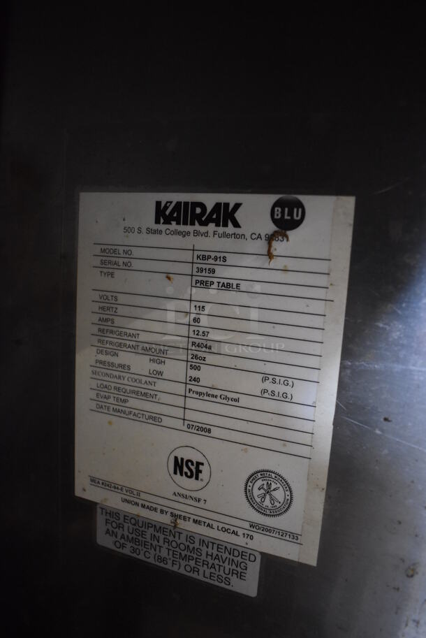 Kairak KBP-91S Stainless Steel Commercial Pizza Prep Table on Commercial Casters. 115 Volts, 1 Phase. 91x34x35.5. Tested and Working! - Image 8 of 8