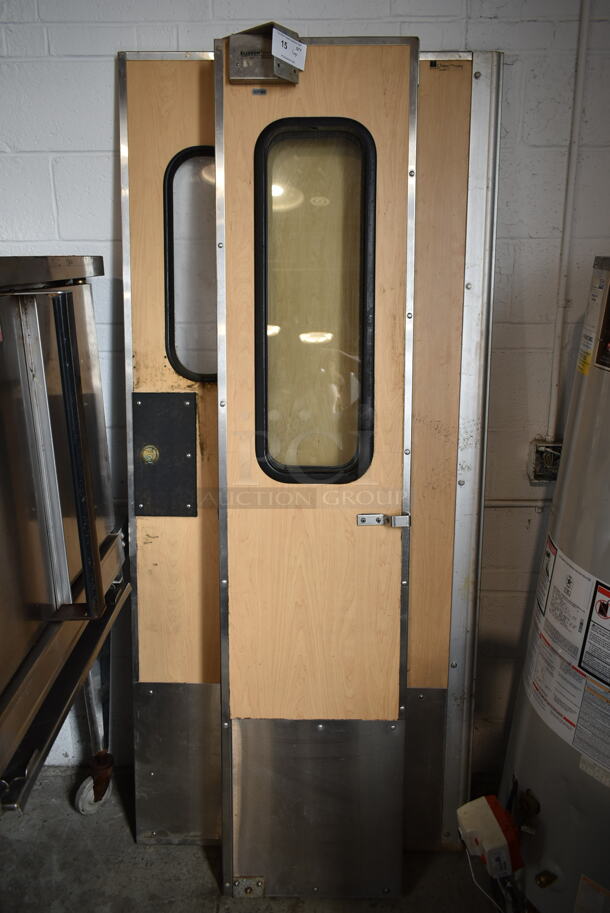 3 Various Sized Eliason Wood Patterned Swinging Kitchen Doors. 17.5x2x78.5, 35x2.5x78.5. 2 w/ Hardware. 3 Times Your Bid! - Image 1 of 9