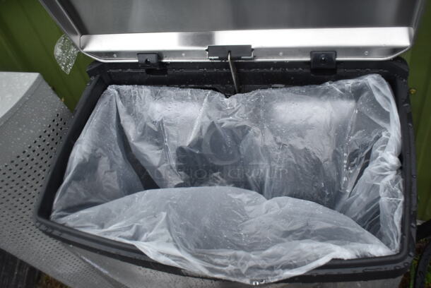 BRAND NEW SCRATCH AND DENT! Rubbermaid 6901901999BK Slim Jim Stainless Steel Black Accent Front Step-On Rectangular Trash Can with Single Rigid Plastic Liner - 96 Qt. / 24 Gallon - Image 5 of 6