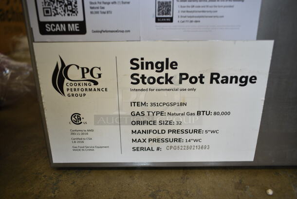 BRAND NEW SCRATCH AND DENT! Cooking Performance Group CPG 351CPGSP18N Stainless Steel Natural Gas Powered Single Burner Stock Pot Range. 80,000 BTU.  - Image 9 of 9