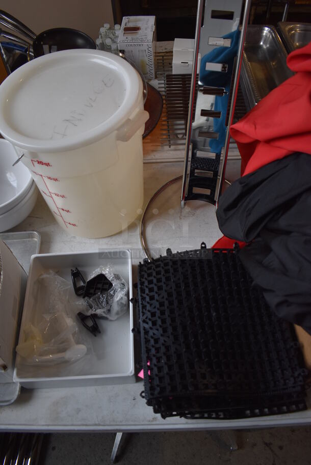 ALL ONE MONEY! Lot of Items on Tabletop Including Material, Poly Bucket, Ceramic Mugs and Wine Glasses and Metal Bins - Image 10 of 12