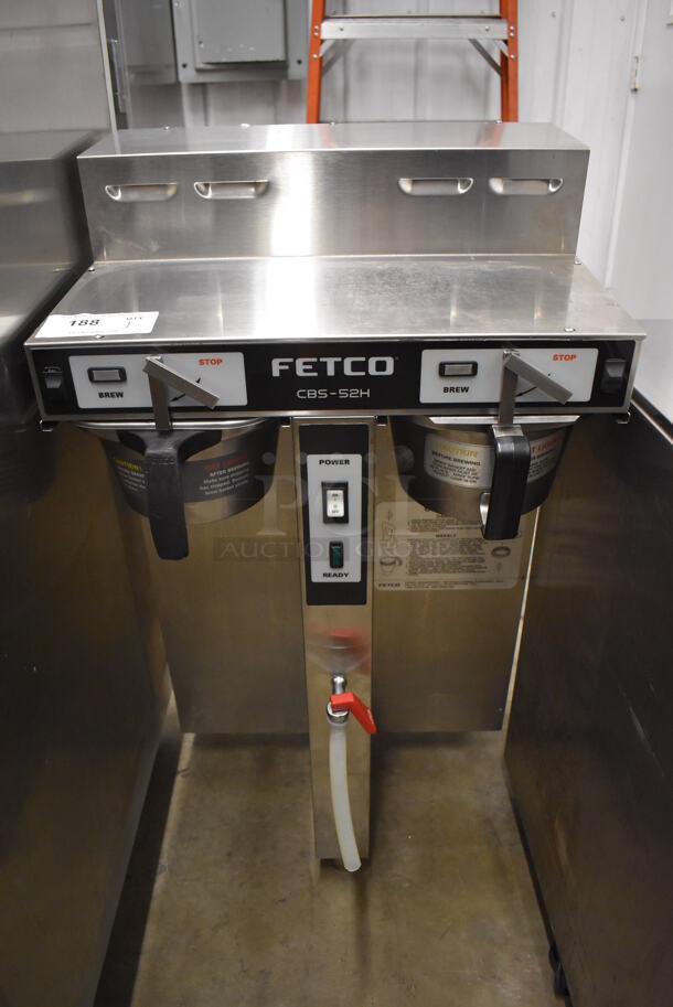 Fetco CBS-52H20 Stainless Steel Commercial Countertop Coffee Machine w/ Hot Water Dispenser and 2 Metal Brew Baskets. 120/208-240 Volts, 1 Phase. 21x18x39