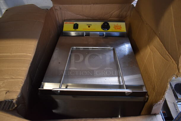 IN ORIGINAL BOX! Carnival King 382DFC1800 Stainless Steel Commercial Countertop Electric Powered Funnel Cake Fryer. 120 Volts, 1 Phase. 19x25x15