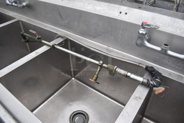 Stainless Steel Commercial 4 Bay Sink w/ Dual Drain Boards, Faucet, 2 Handle Sets and Spray Nozzle Attachment. 114x27x44. Bays 20x18x14, 10x18x14. Drain Boards 16x21x1 - Image 10 of 10