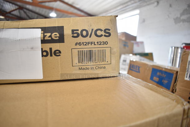 PALLET LOT of 32 BRAND NEW Boxes Including 347RPBD10WHS Visions 10" White Plastic Plate with Silver Bands - 120/Case, Choice Medium Weight White Sporks, 500MFT Lavex White M-Fold (Multifold) Towel - 4000/Case, 3 Box E301455400 Leather Conditioner, 2 Box Choice Hot Cup Travel Lids, 500TW5 Choice 5 oz. Translucent Thin Wall Plastic Cold Cup - 2500/Case, 966TALLFLDB Choice White Tall-Fold 6" x 13" Dispenser Napkin - 8000/Case, 128HD8COMBO ChoiceHD 8 oz. Microwavable Translucent Plastic Deli Container and Lid Combo Pack - 240/Case, Ceramic Pizza Trays, 612FFL1230 Choice Foil Steam Table Pan Lid - Full Size - 50/Case, 395TO881 EcoChoice 8" x 8" x 3" Compostable Sugarcane / Bagasse 1 Compartment Take-Out Box - 200/Case, 129MCR24B Choice 24 oz. Black Round Microwavable Heavy Weight Container with Lid 7 1/4" - 150/Case. 32 Times Your Bid!  - Image 10 of 12