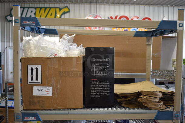 ALL ONE MONEY! Tier Lot of Various Paper Products Including Lids, Brown Paper Bags and Exit Sign