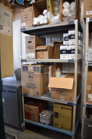 ALL ONE MONEY! Lot of 4 Tiers Worth of Various Paper Products Including Lids, Straws and Cups. Does Not Come w/ Shelving Unit