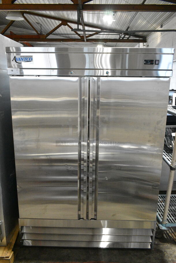 BRAND NEW SCRATCH AND DENT! 2024 Avantco 178SS2FHC Stainless Steel Commercial 2 Door Reach In Cooler w/ Poly Coated Racks. 115 Volts, 1 Phase. Tested and Does Not Power On - Image 1 of 6