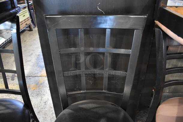 4 Wood Pattern Black Dining Chairs w/ Black Seat Cushion. 17x17x36. 4 Times Your Bid! - Image 4 of 5