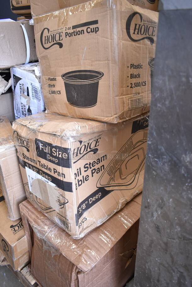 PALLET LOT of 23 BRAND NEW Boxes Including 2 Box 129MCR32B Choice 32 oz. Black Round Microwavable Heavy Weight Container with Lid 7 1/4" - 150/Case, 2 Box PP8835-BK Containers, Ivory PP883s Containers, PP883-BK Containers, 127P2B Choice Black 2 oz Portion Cups, 130HFBK1M Visions Black Heavy Weight Plastic Fork - Case of 1000, 4 Box Lancaster Table and Seating 164TB2222 22" x 22" Cross Cast Iron Table Base Plate. 23 Times Your Bid! - Image 7 of 9