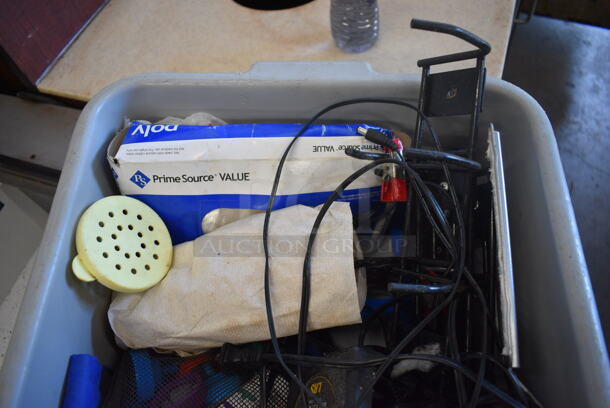 ALL ONE MONEY! Lot of Various Items Including 8 Table Buzzers, Charging Base and Gloves in Gray Poly Bus Bin - Image 2 of 5