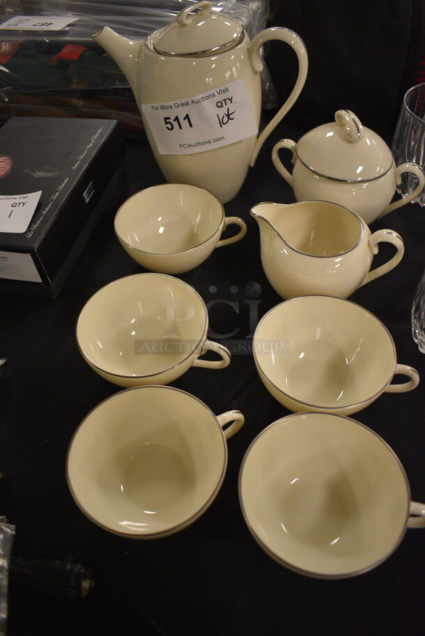 ALL ONE MONEY! Lot of Lenox Olympia PL X-303P Ivory Tea Cups, Teapot With Lid, Cream Teapot, and Sugar Bowl With Lid - Image 1 of 6